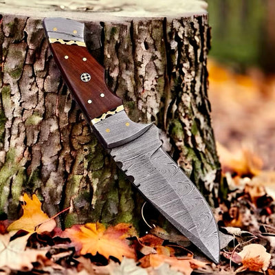 Compact Bushcraft Knife – 9" Damascus Steel Blade with Elegant Rosewood Handle & Leather Sheath - Korvel