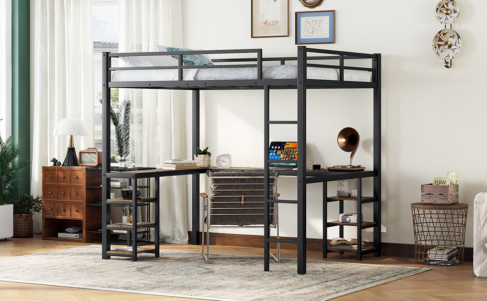 Full metal loft bed with desk and shelf, loft bed with ladder and guardrail, bedroom loft bed frame, black - Korvel