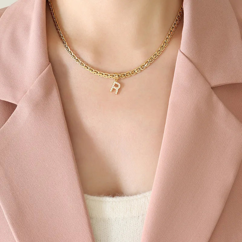 Brass Inlaid Zircon Letter Pendant Necklace - Korvel