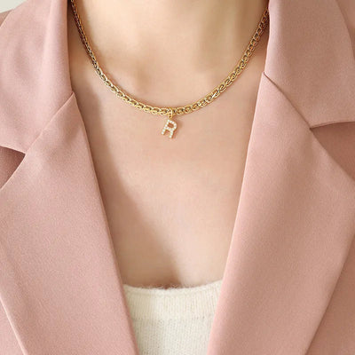 Brass Inlaid Zircon Letter Pendant Necklace - Korvel