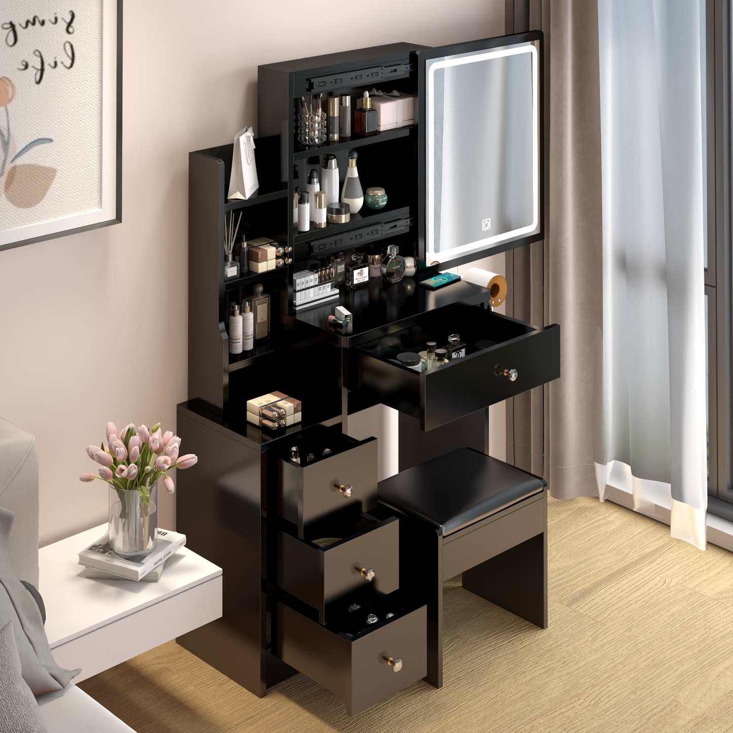 Elegant Dressing Table with Cushioned Stool and LED Mirror