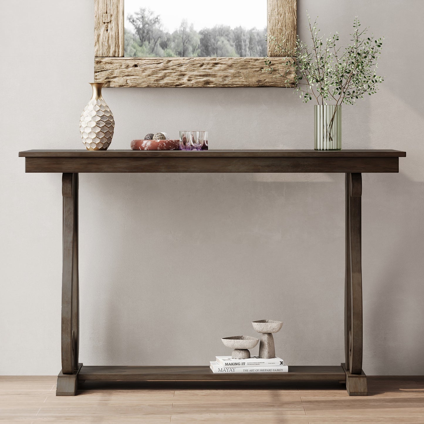 48-Inch Rustic Vintage Console Table --- Farmhouse Style Entryway Table with Open Shelf and Sturdy Construction (Walnut) - Korvel