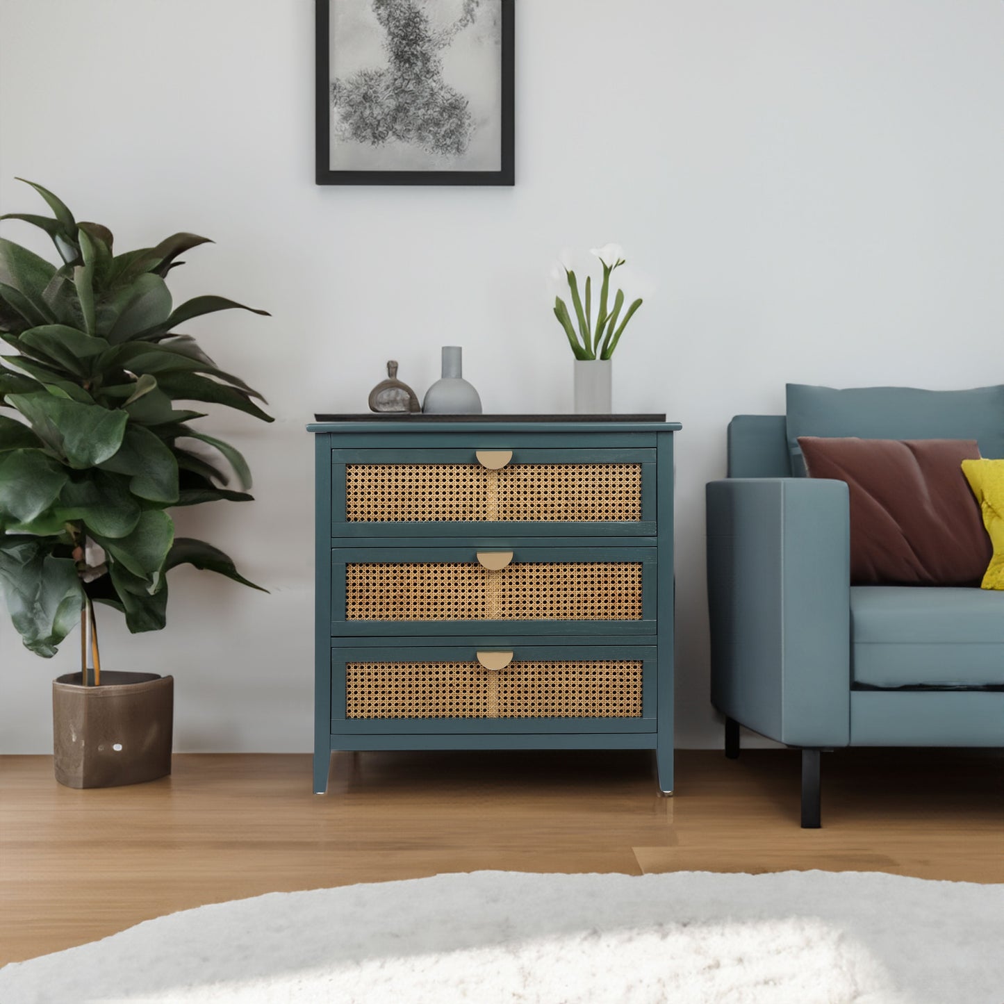 3 Drawer Cabinet Natural rattan American Furniture Suitable for bedroom living room study - Korvel