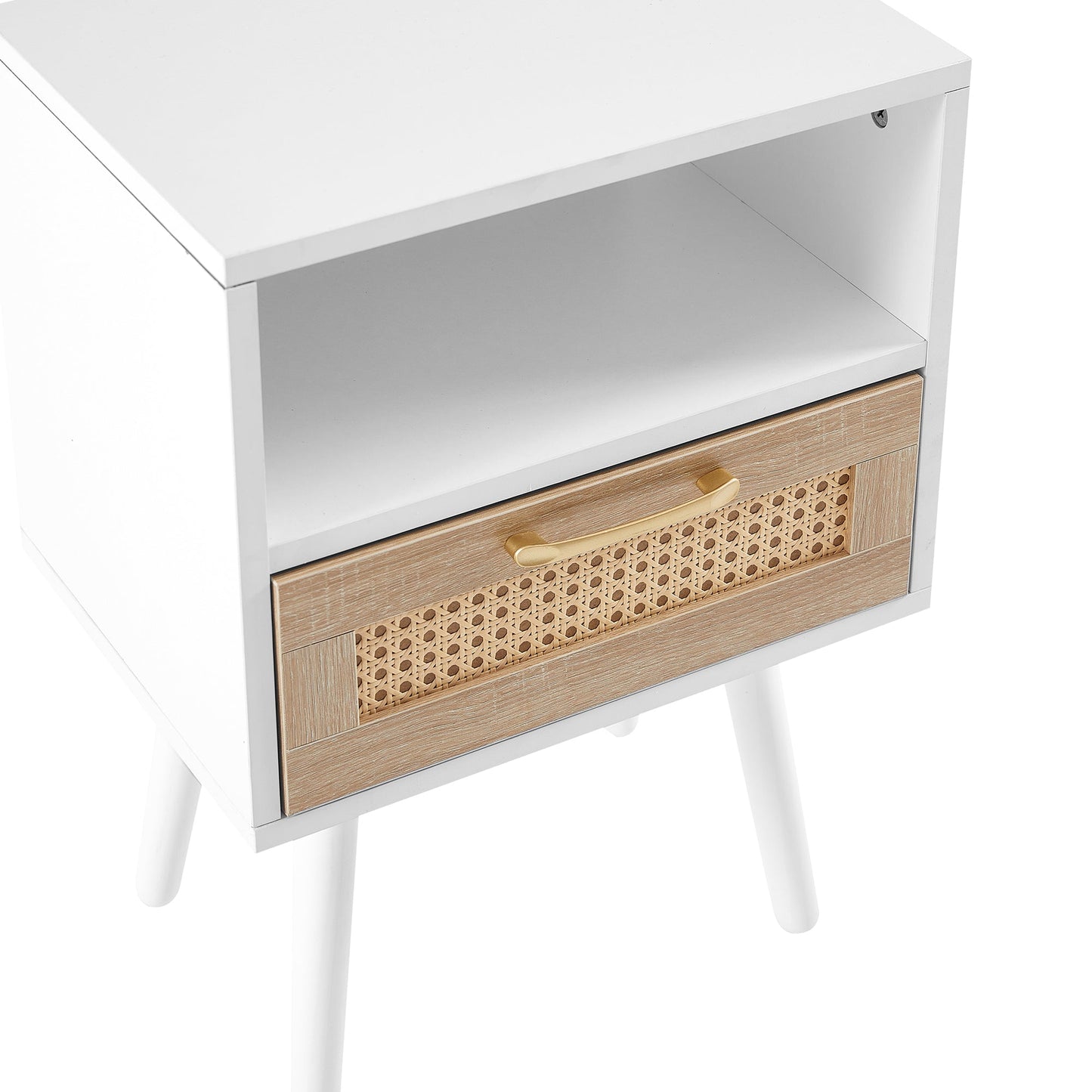 Table d'appoint en rotin blanc de 15,75" avec tiroir et pieds en bois massif