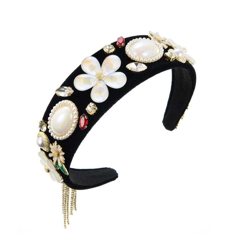 Diadema de terciopelo con borlas de perlas barrocas vintage