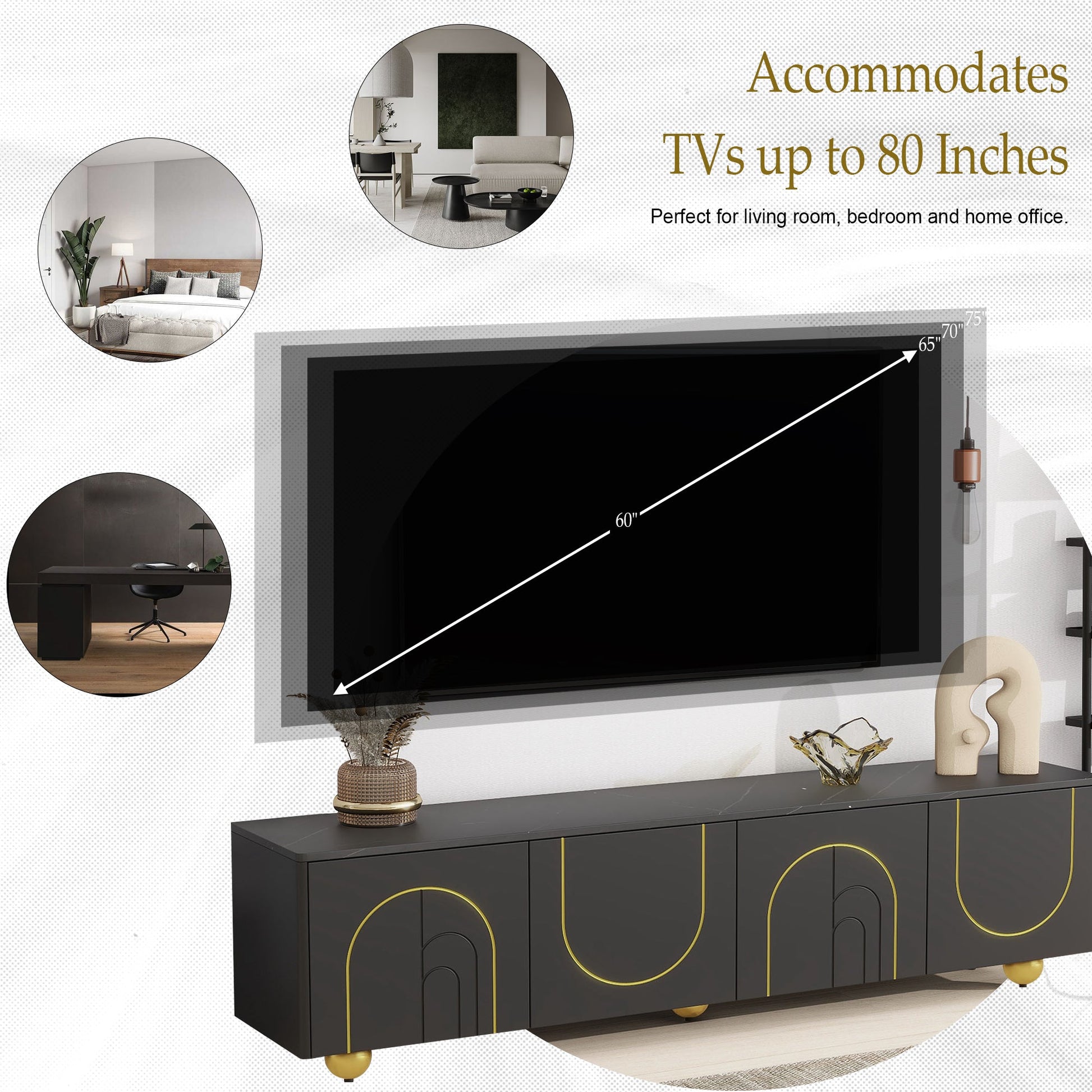 U-Can modern TV stand is suitable for TVs under 75 inches and comes with a storage cabinet top marble pattern and circular stand - Korvel