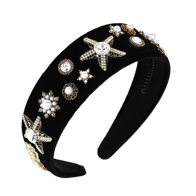 Fashionable velvet pearl black starfish hairband - Korvel