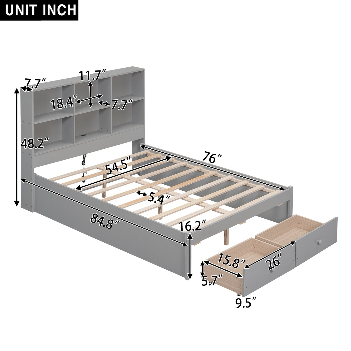 Lit plateforme de taille complète avec tête de lit de rangement et station de chargement