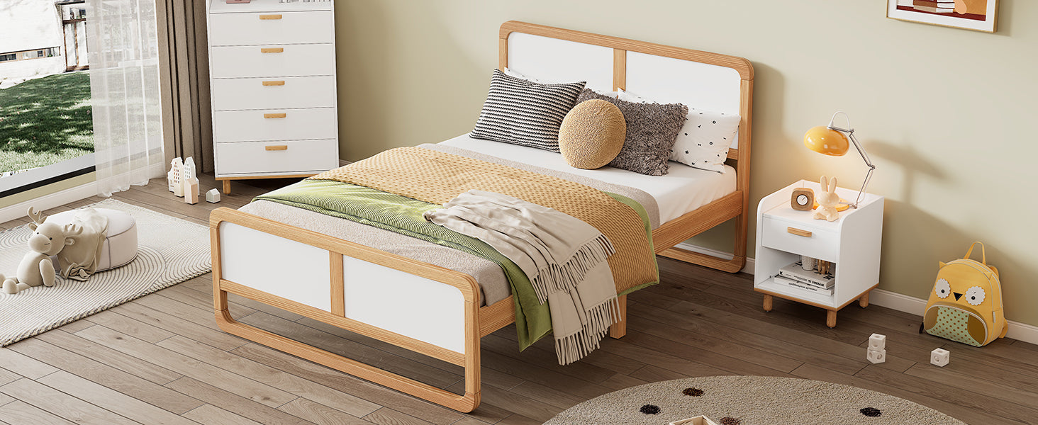 Modern Style Queen Size Solid Wood Platform Bed for Kids, Teens, Adults, No Need Box Spring, Walnut and White - Korvel
