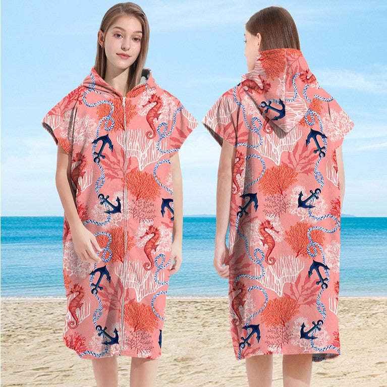 Hooded Towel Ultra-fine Fiber Zipper Wearable Bathrobe Cape Beach Towel - Korvel