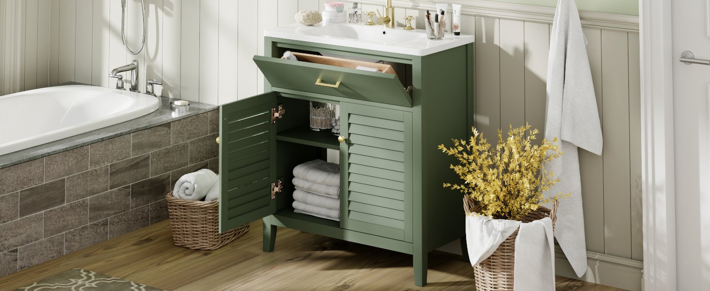 30-Inch Bathroom Vanity with Ceramic Sink Combination, Ample Storage - Features 1 Pullout and Multifunctional Shelf Dividers - Korvel