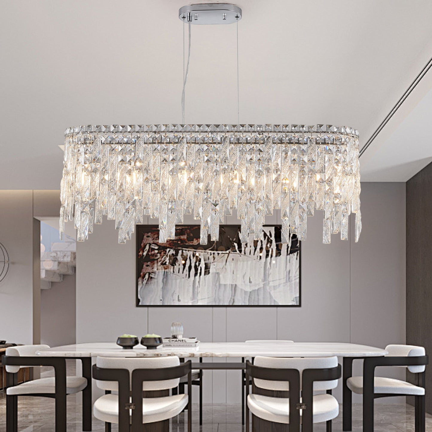 Silver elegant oval crystal pendant light, modern ceiling fixture with reflective suspended crystal (bulb not included) - Korvel
