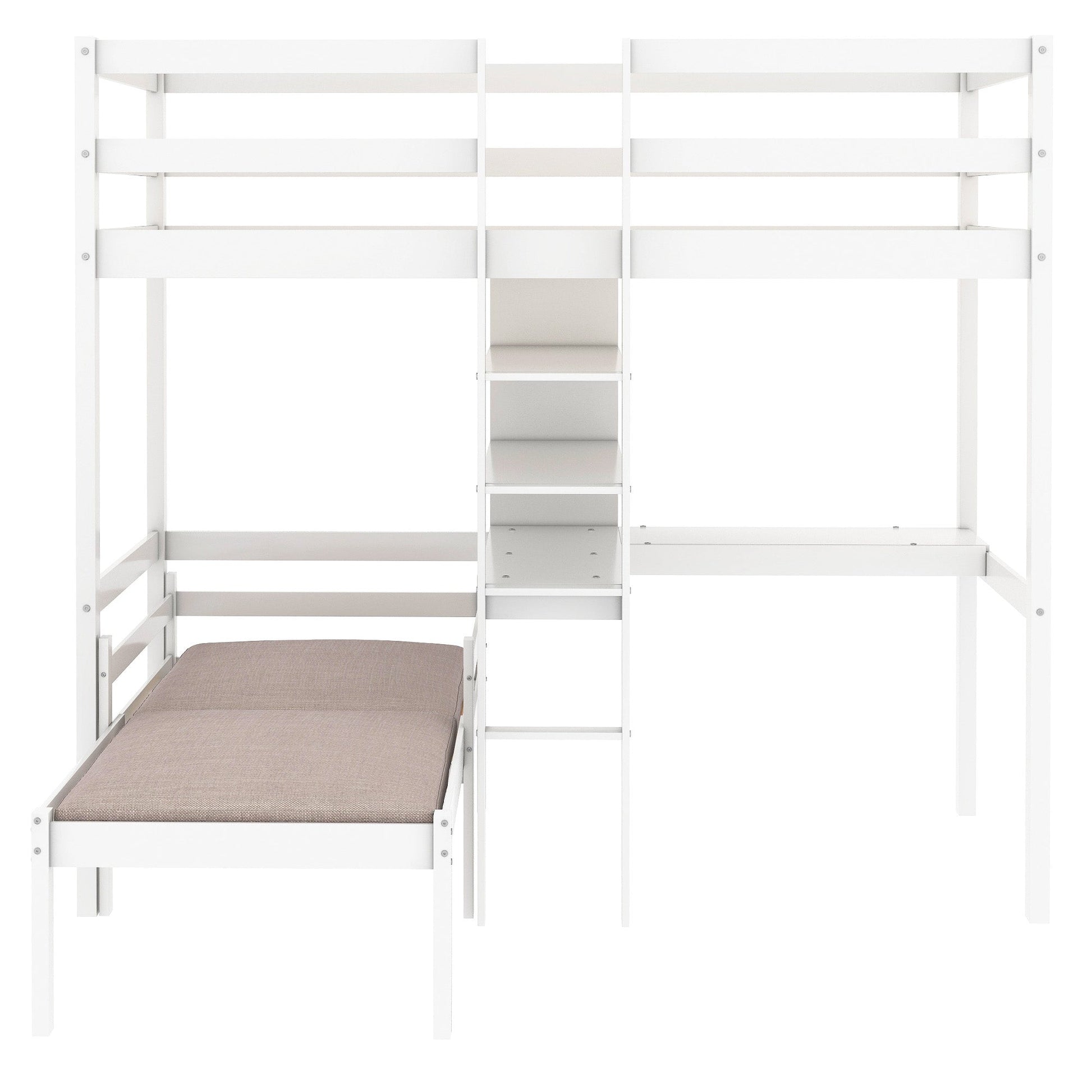 Convertible Loft Bed with L-Shape Desk, Twin Bunk Bed with Shelves and Ladder White - Korvel