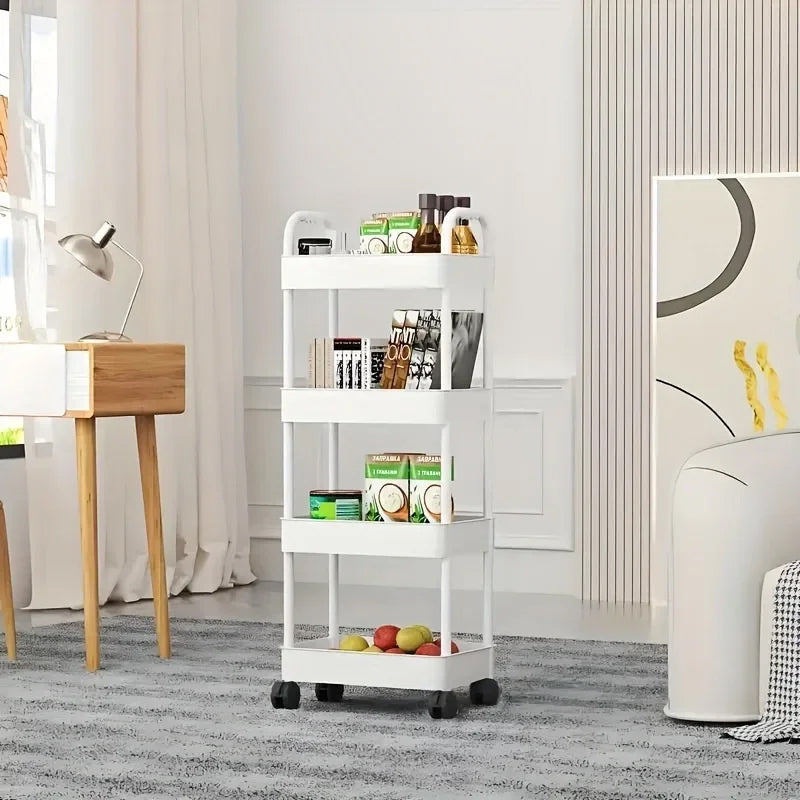 White rolling storage cart. Multifunctional, open shelves for books, ideal for kitchen & bedroom storage - Korvel