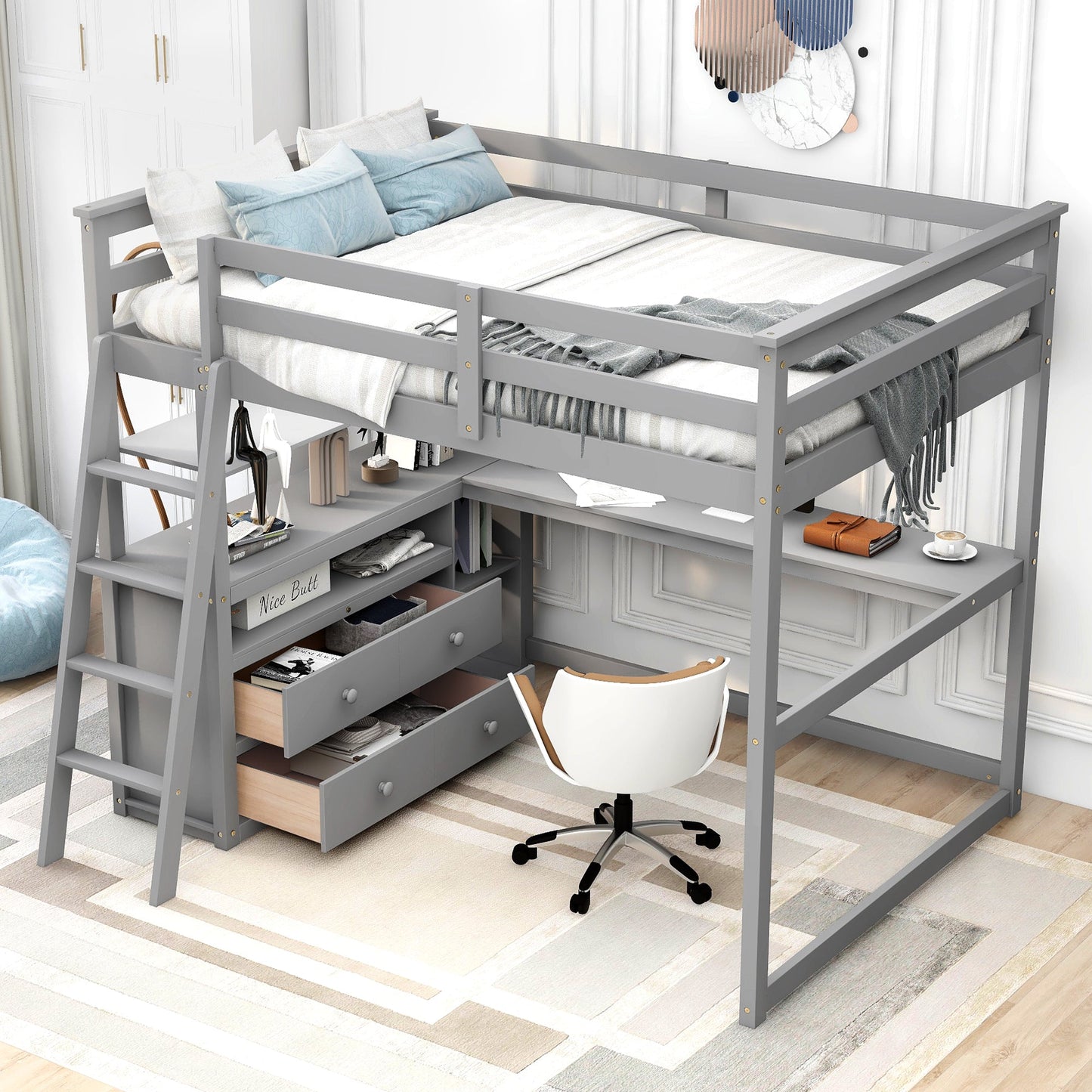 Full Size Loft Bed with Desk and Shelves - Gray