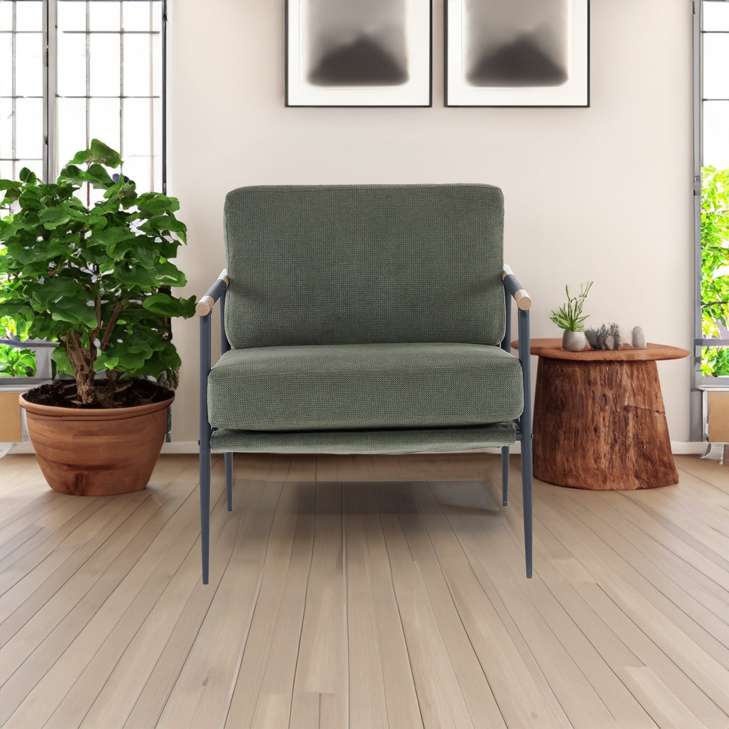 Soft cushioned reading chair with plush fabric, modern armchair with metal frame, green - Korvel