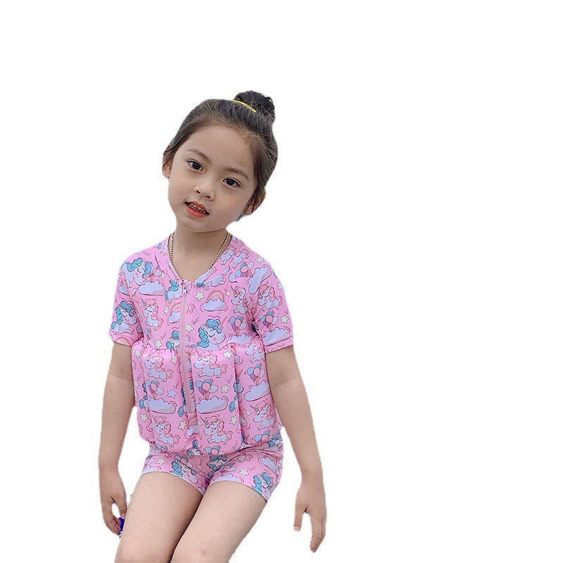 Children's buoyancy swimsuit for girls and boys, cute baby short sleeved zipper one-piece surfing floating vest swimsuit - Korvel
