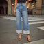 Straight leg jeans women's retro rolled edge high waisted pants - Korvel