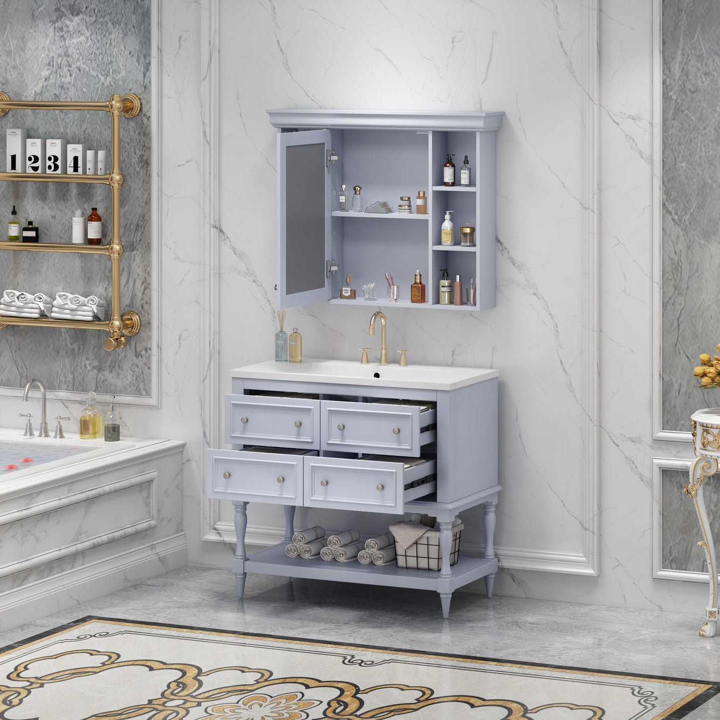 36'' Bathroom Vanity with Medicine Cabinet, Modern Mirror Cabinet with Adjustable Shelf, Bathroom Storage Cabinet with 4 Drawers - Korvel