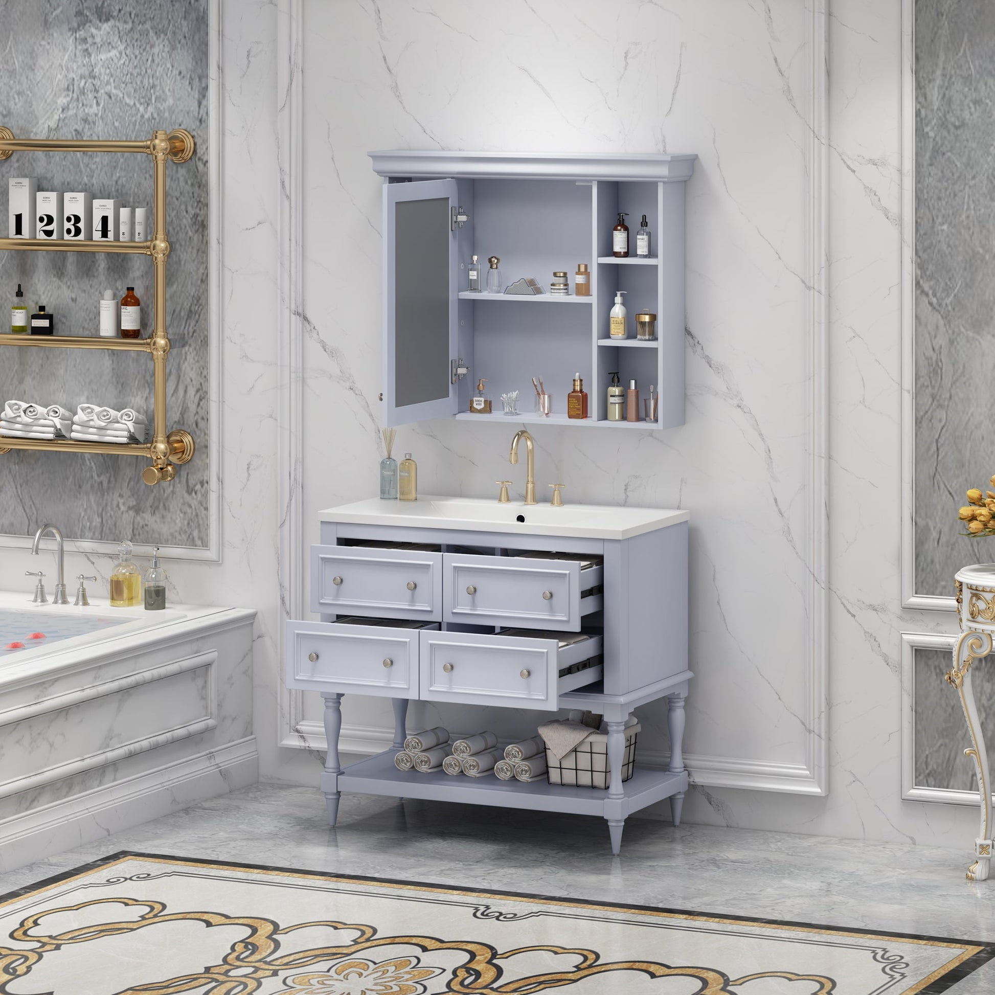 36'' Bathroom Vanity with Medicine Cabinet, Modern Mirror Cabinet with Adjustable Shelf, Bathroom Storage Cabinet with 4 Drawers - Korvel