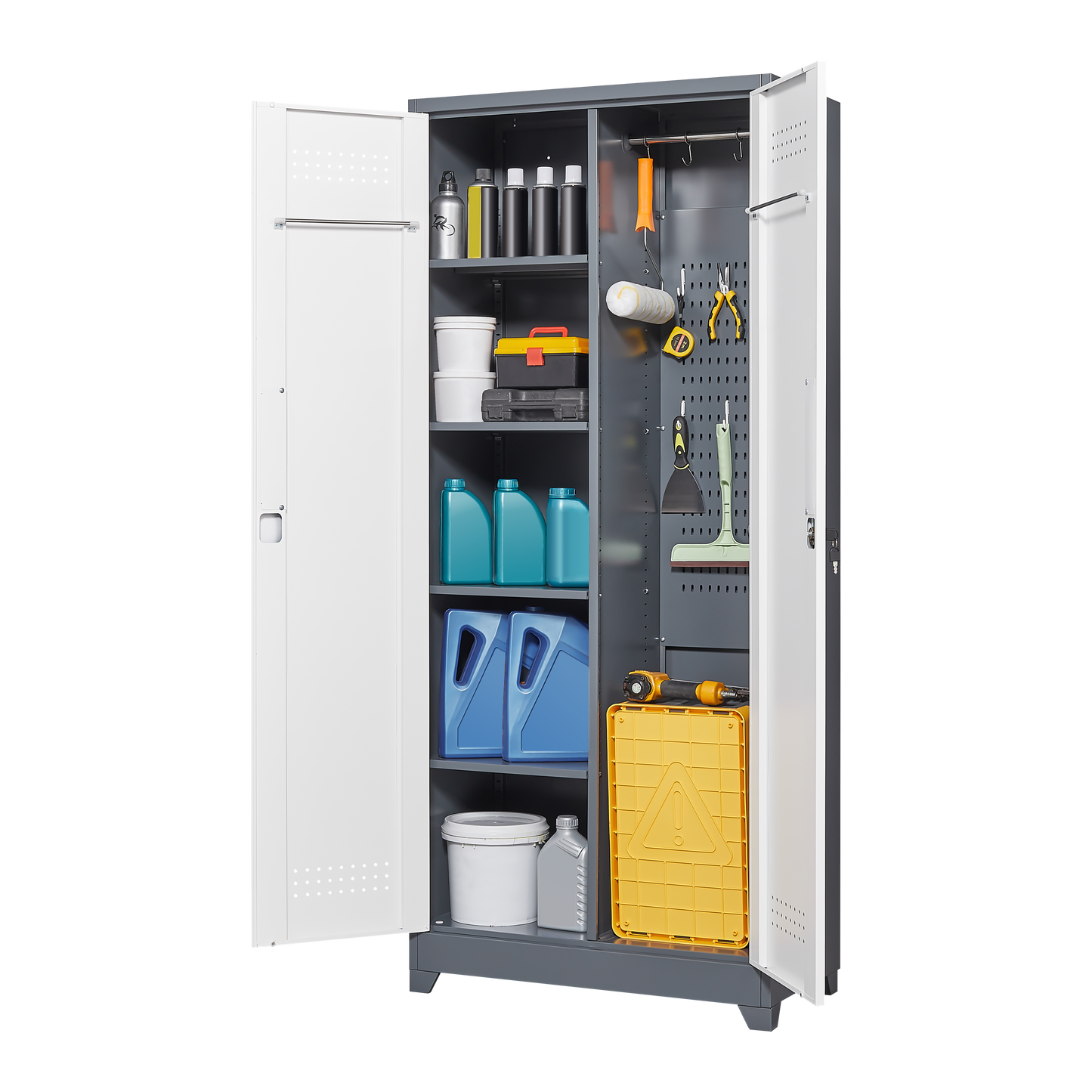 Metal storage cabinets, lockable cleaning tool cabinets, high broom tool organizers, and large storage cabinets in storage store - Korvel