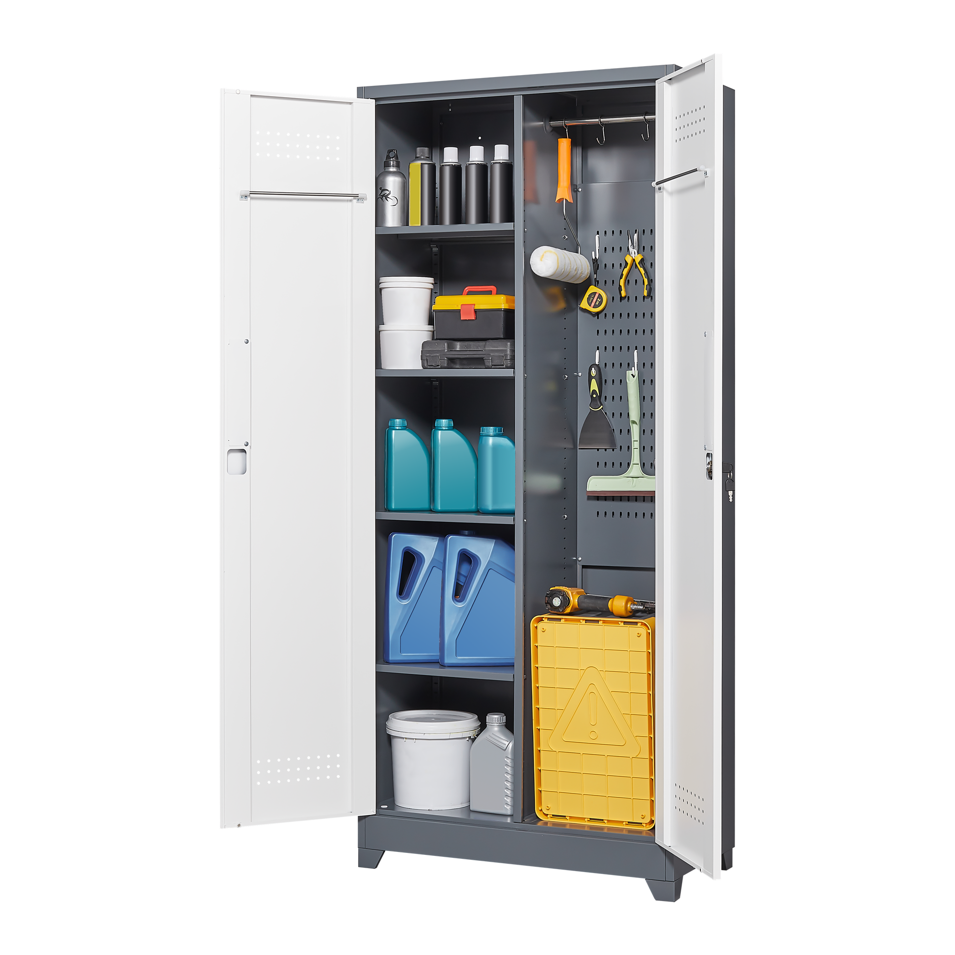 Metal storage cabinets, lockable cleaning tool cabinets, high broom tool organizers, and large storage cabinets in storage store - Korvel