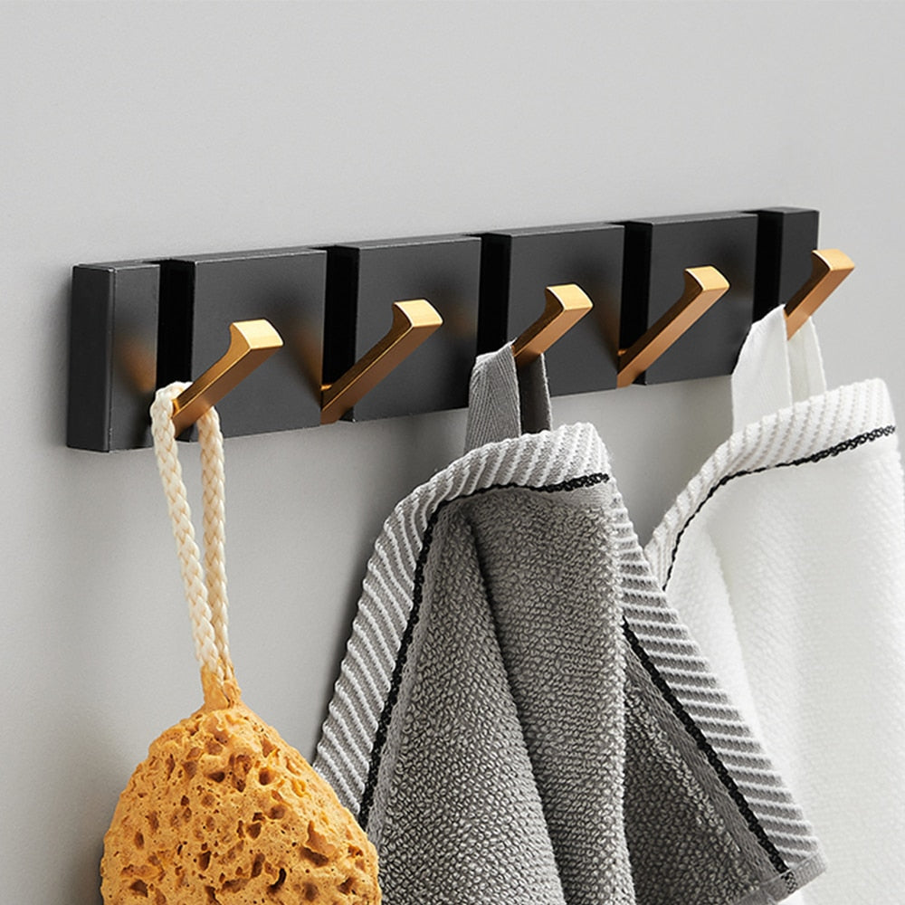 Folding Towel Hanger 2ways Installation Wall Hooks Coat Clothes Holder for Bathroom Kitchen Bedroom Hallway, Black Gold - Korvel