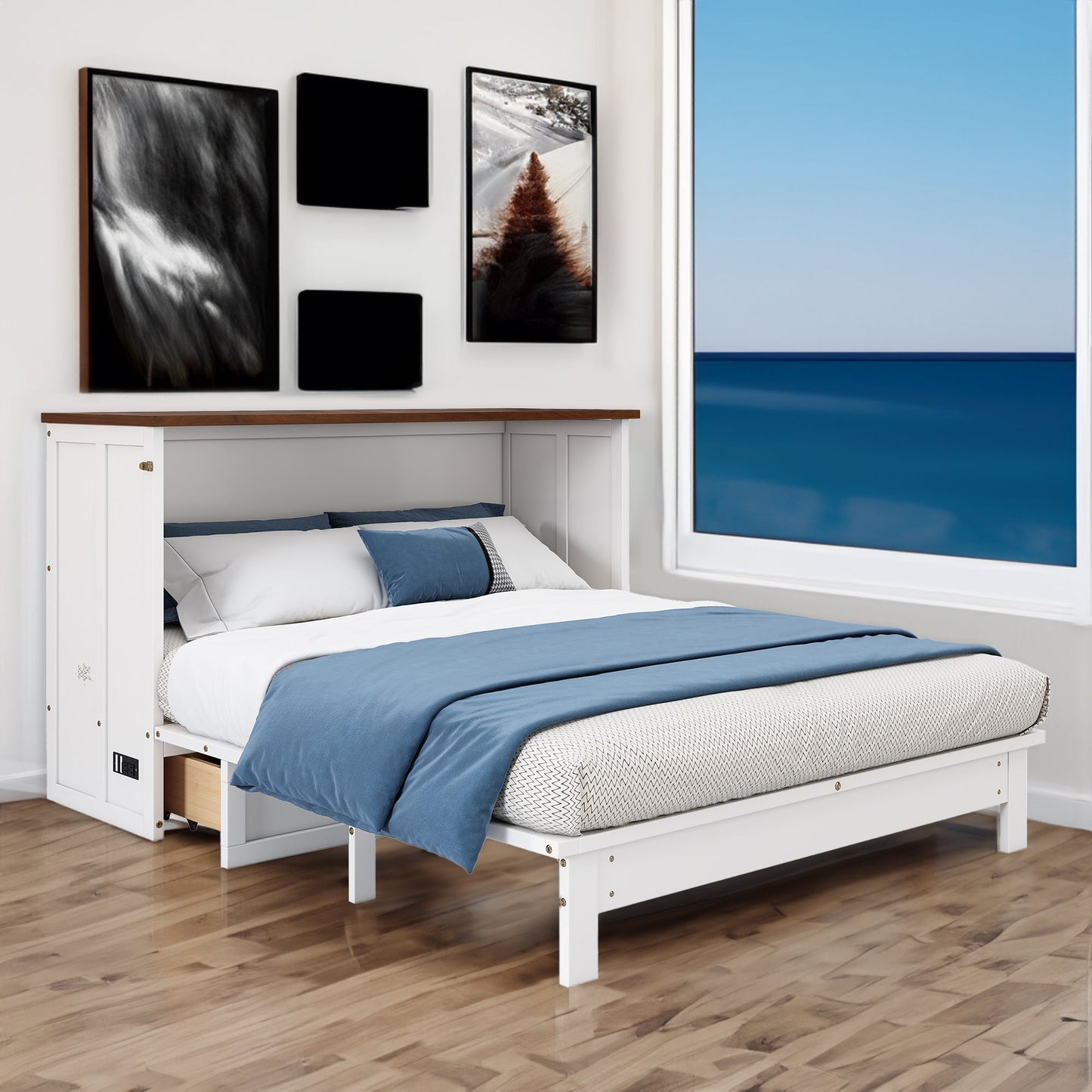 Solid Pine Murphy Bed Chest with Charging Station - Queen