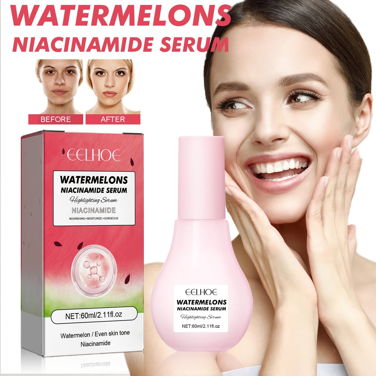 Watermelons Niacinamide Serum, Dilute Spots Firming Haun White Skin Hydrating Moisture Essence - Korvel