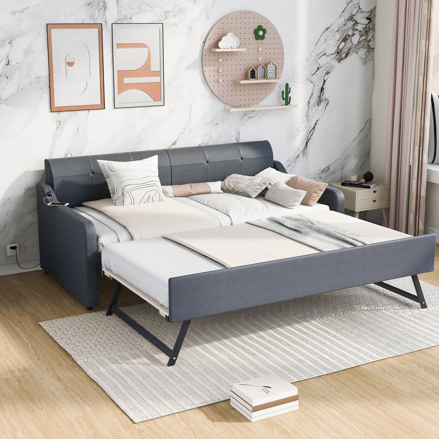 Twin Size Upholstery Daybed with Trundle & USB Charging - Gray