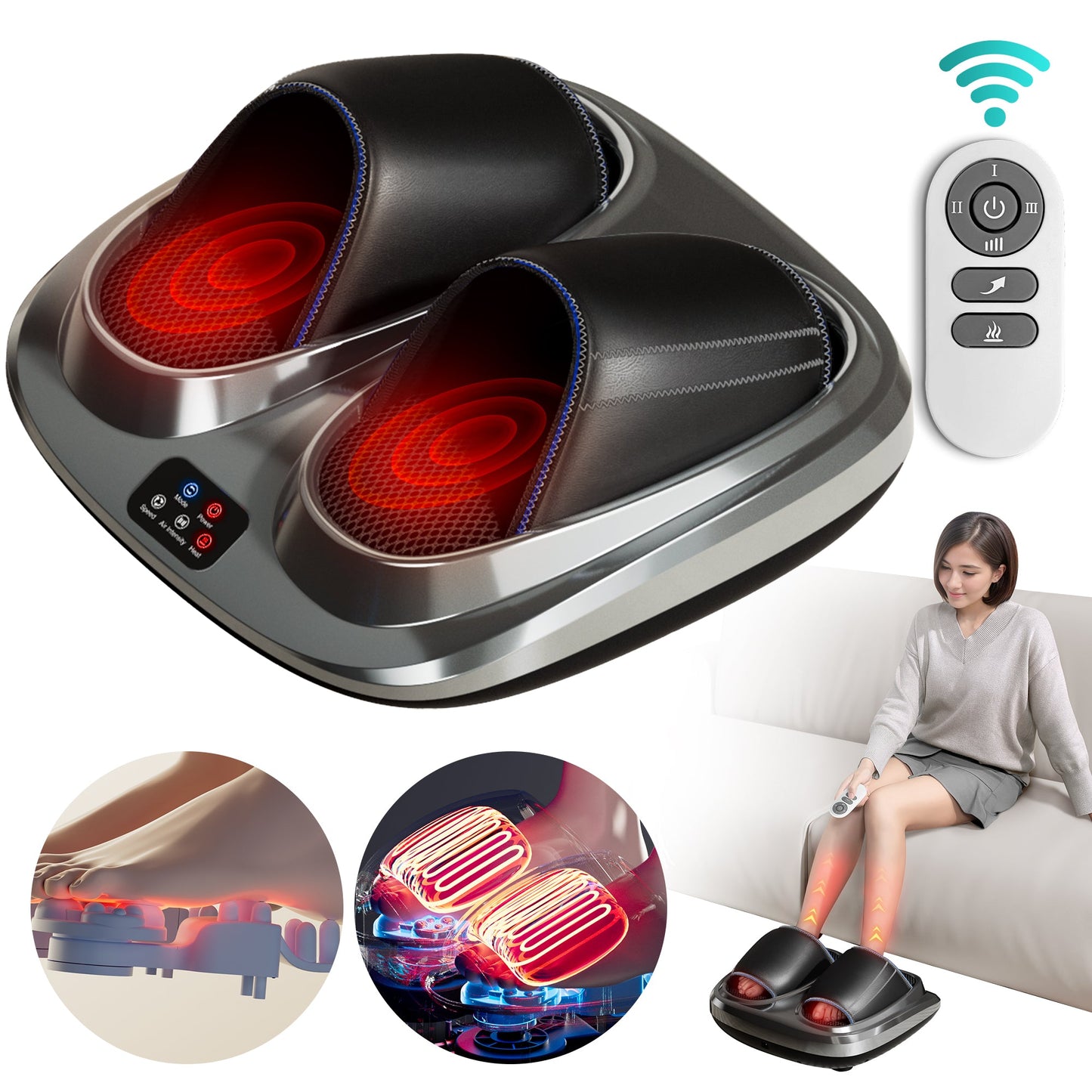 Shiatsu foot massager, heating and deep massage therapy, air compression, vibration pain relief, and circulation - Korvel