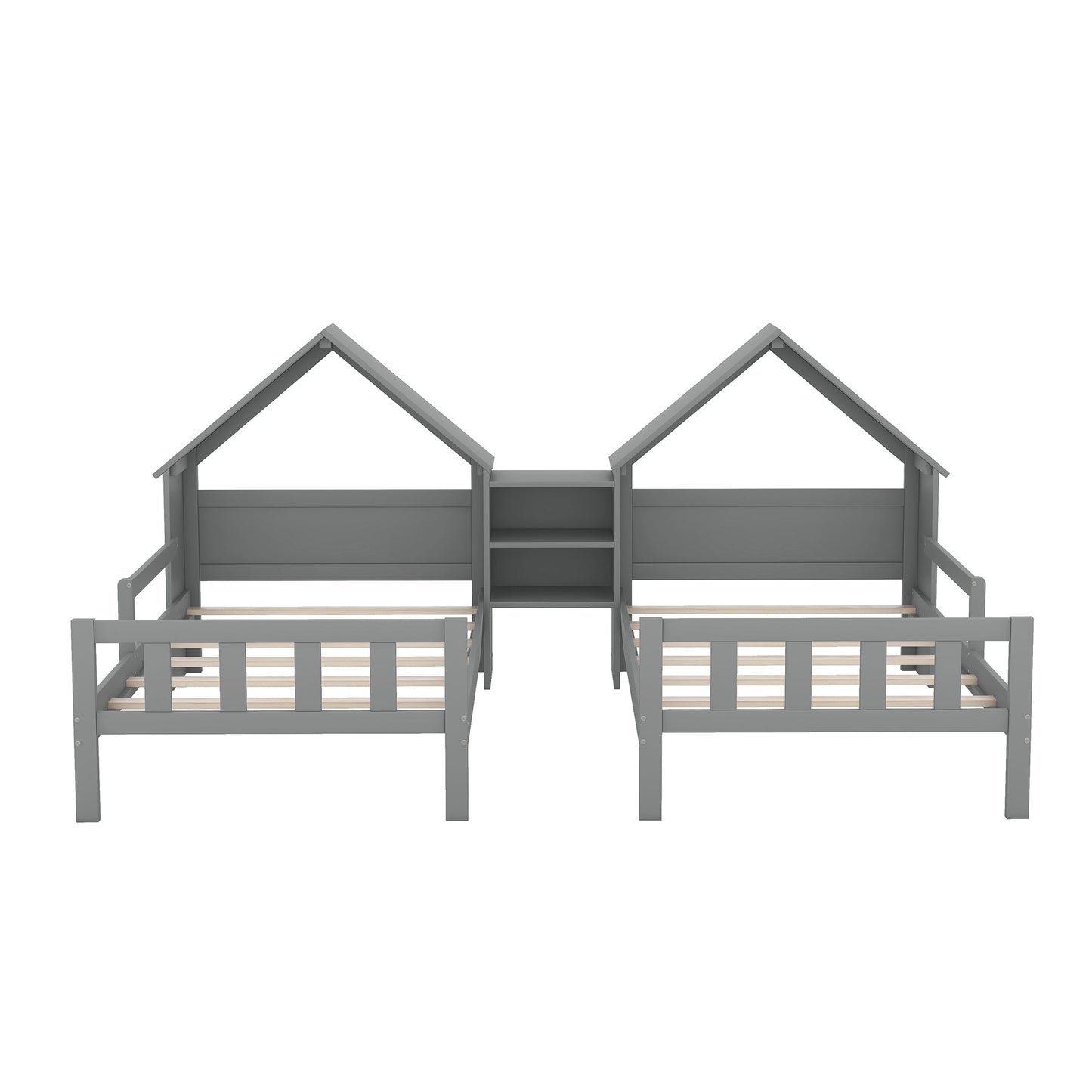 Double Twin Size Platform Bed with House-shaped Headboard and a Built-in Nightstand  Grey - Korvel