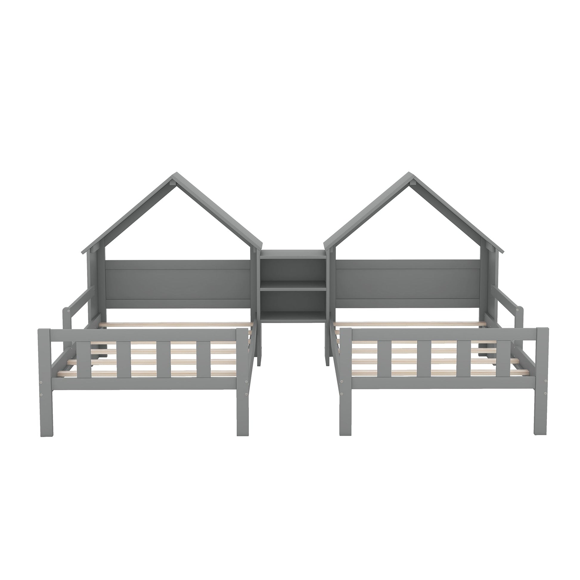 Double Twin Size Platform Bed with House-shaped Headboard and a Built-in Nightstand  Grey - Korvel