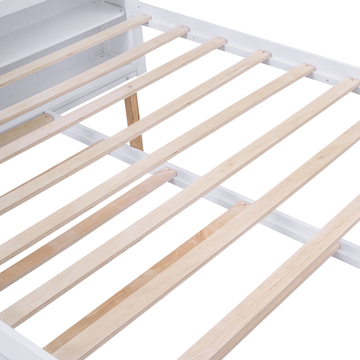 Queen Size Storage Platform Bed with Pull Out Shelves and Twin XL Size Trundle  White - Korvel