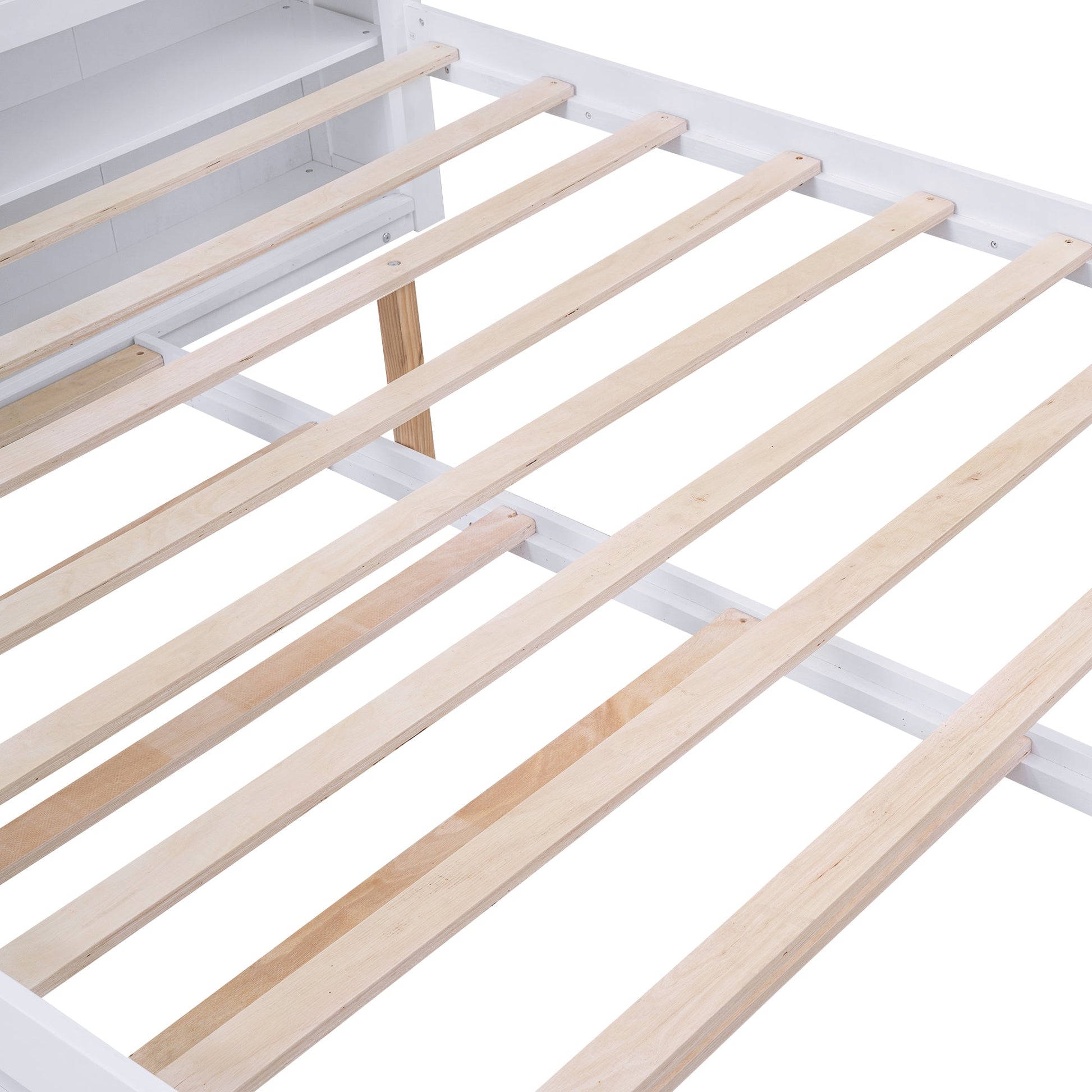 Queen Size Storage Platform Bed with Pull Out Shelves and Twin XL Size Trundle  White - Korvel