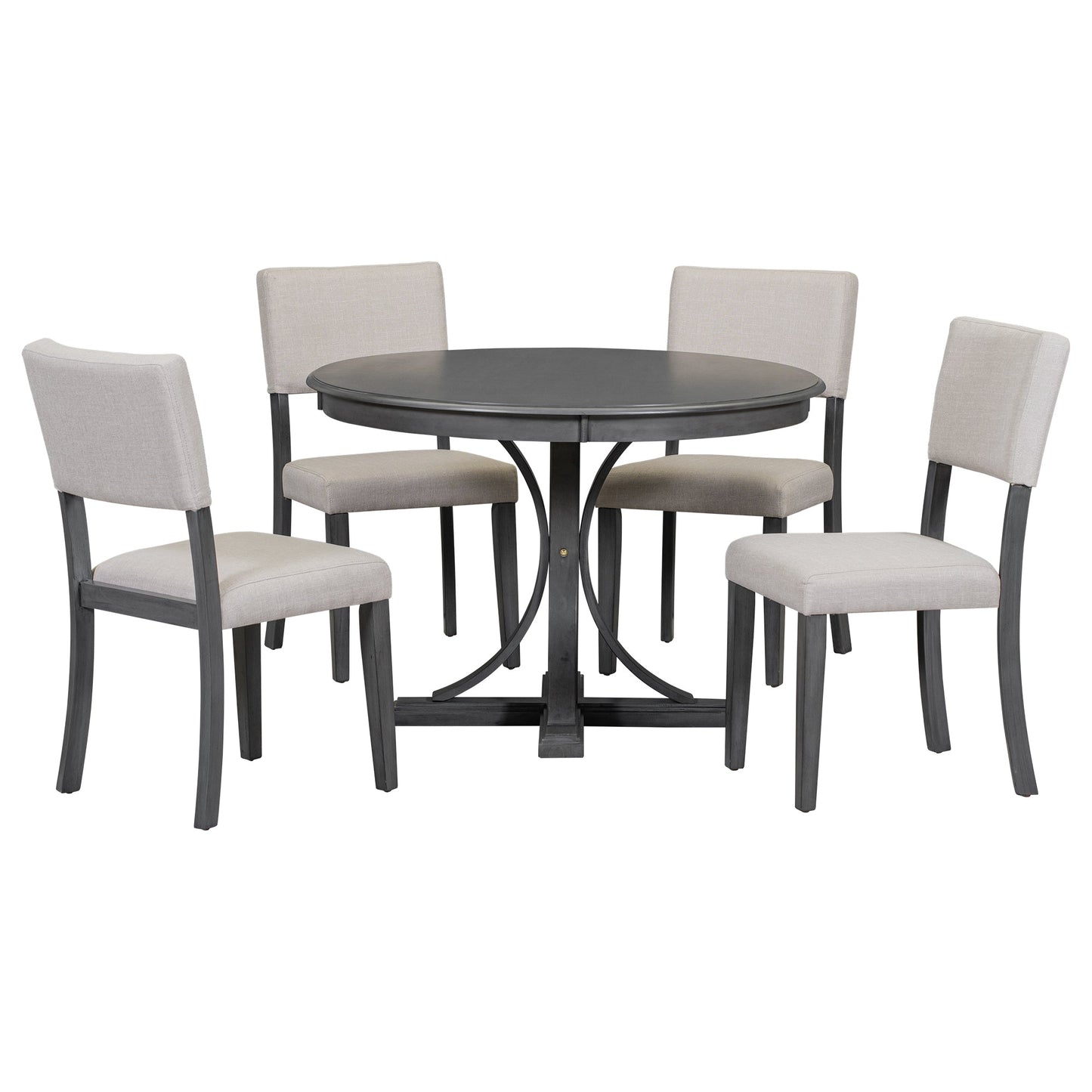 TREXM Five Piece Retro Round Dining Table Set with Curved Brackets and 4 Restaurant Cushioned Chairs (Dark Gray) - Korvel