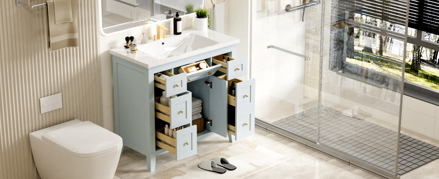 Meuble de salle de bain bleu clair de 36" avec évier en résine et rangement