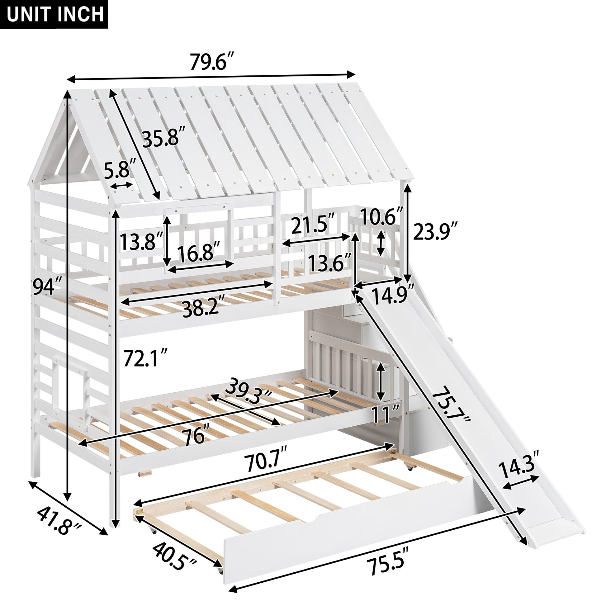 Twin over Twin House Bunk Bed with Trundle and Slide Storage Staircase Roof and Window Design  White - Korvel