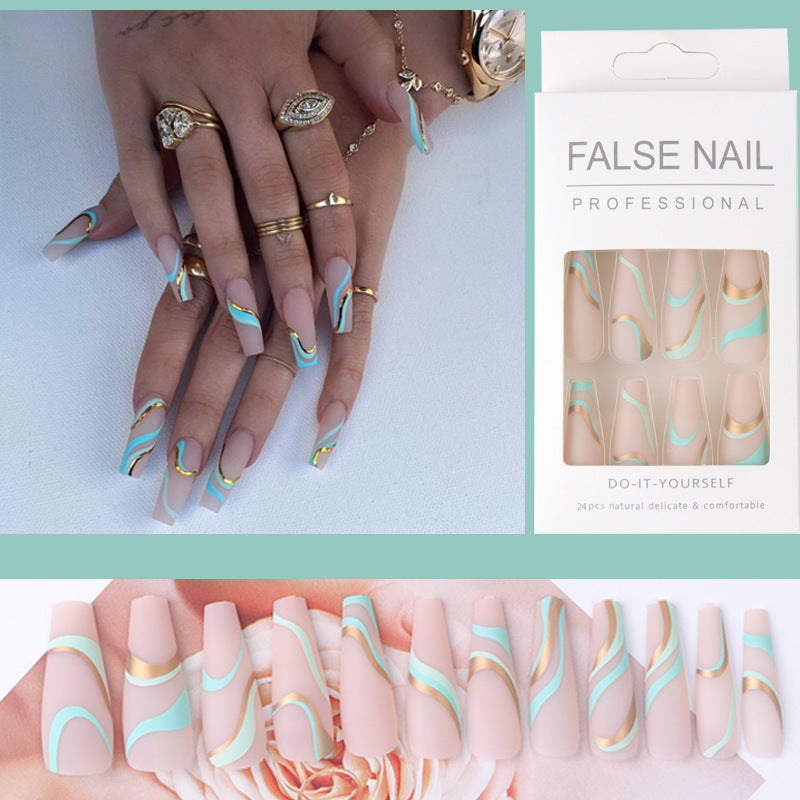 Gold Line Wave Pattern Long Ballet Nail Printed Gold Frosted Manicure Ins Matte Pop Style Contrast Color Wearing Nail - Korvel