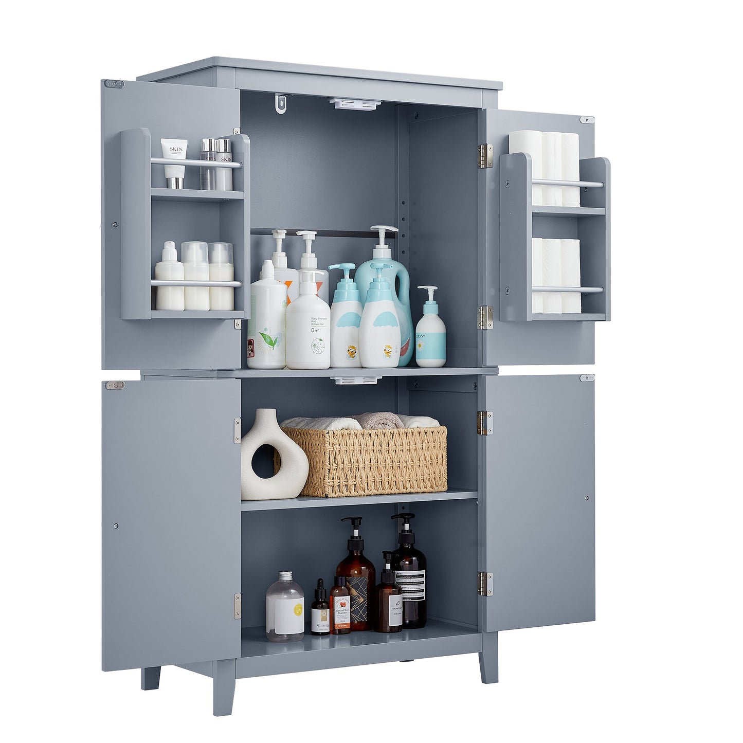 Bathroom floor storage cabinet, bathroom storage cabinet, 4-door independent cabinet, adjustable shelf, adaptive shelf, gray - Korvel