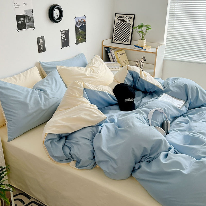 Washed Cotton Solid Color Double Spliced Four-Piece Bedding Set - Sheet, Quilt Cover, Pillowcases for Employee and Dormitory Use - Korvel