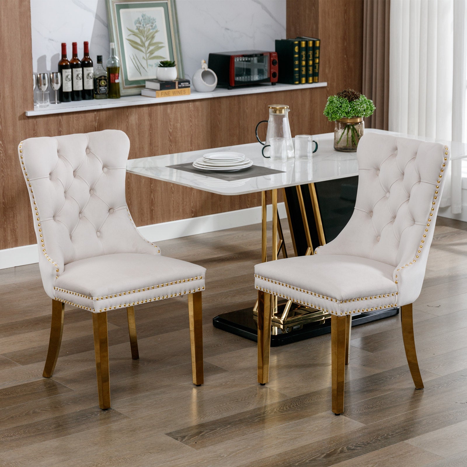 Tufted solid wood velvet soft cushion dining chair gold stainless steel plated leg nail head set of 2 pieces beige and gold - Korvel