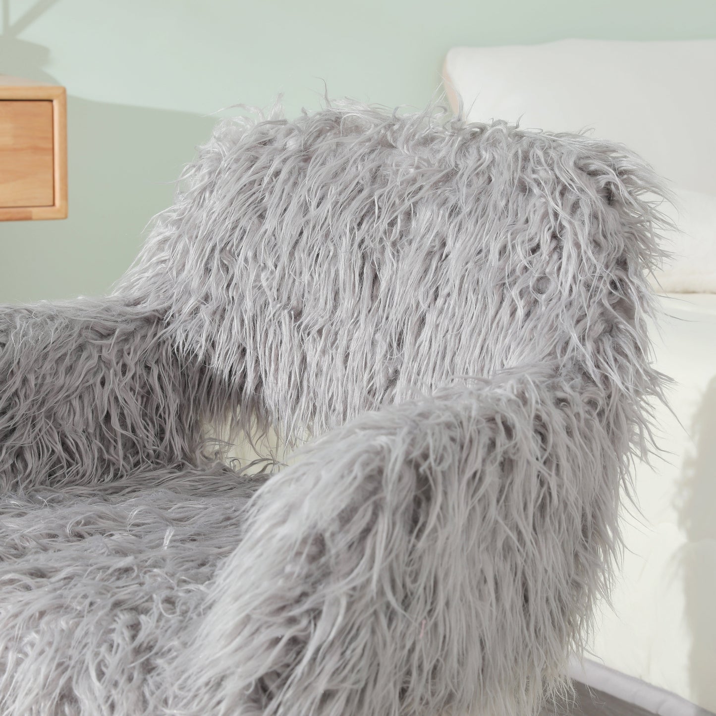 GREY Faux Fur Upholstered Make up chair Side Dining Chair with Metal Leg(GREY+Beech Metal Leg) - Korvel