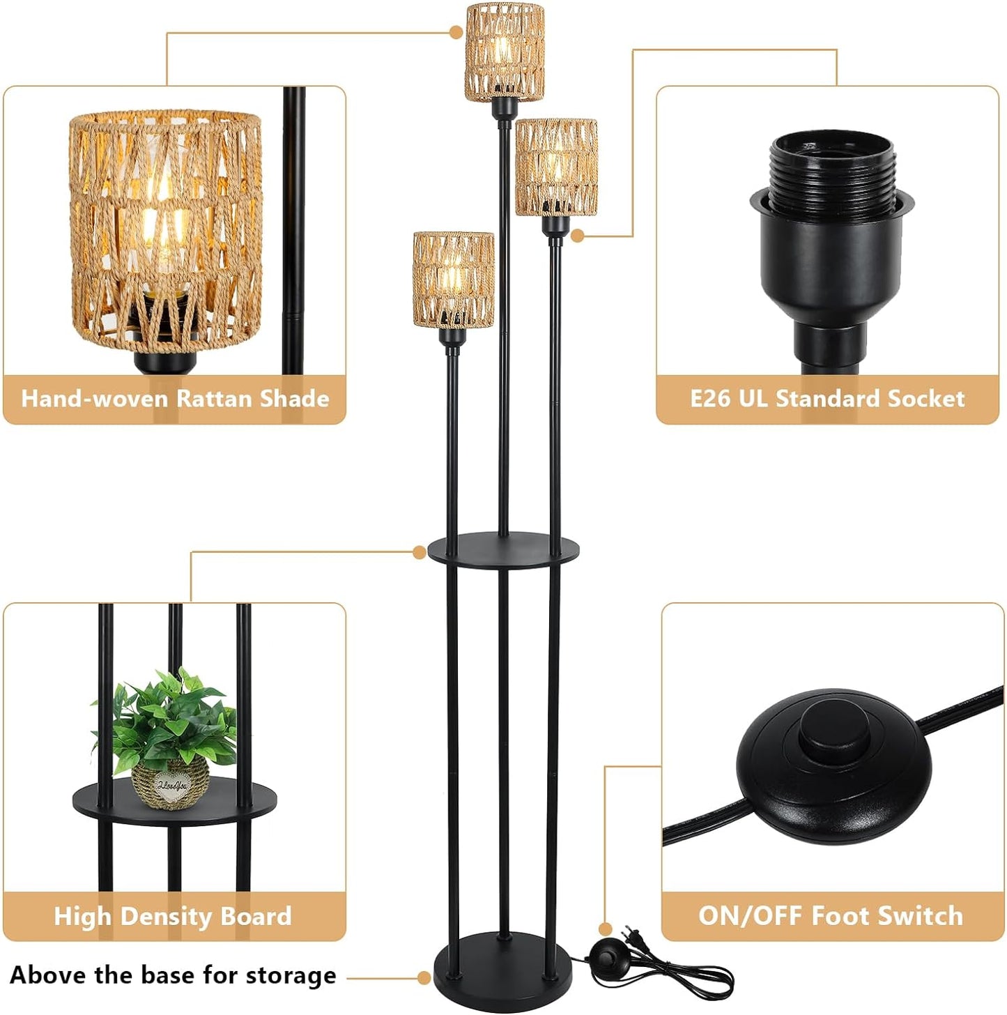 Boho Floor Lamp with Shelves 3-Lights Farmhouse Tall Floor Lamp with ON/OFF Foot Switch Rustic Standing Lamp with Rattan Shades - Korvel