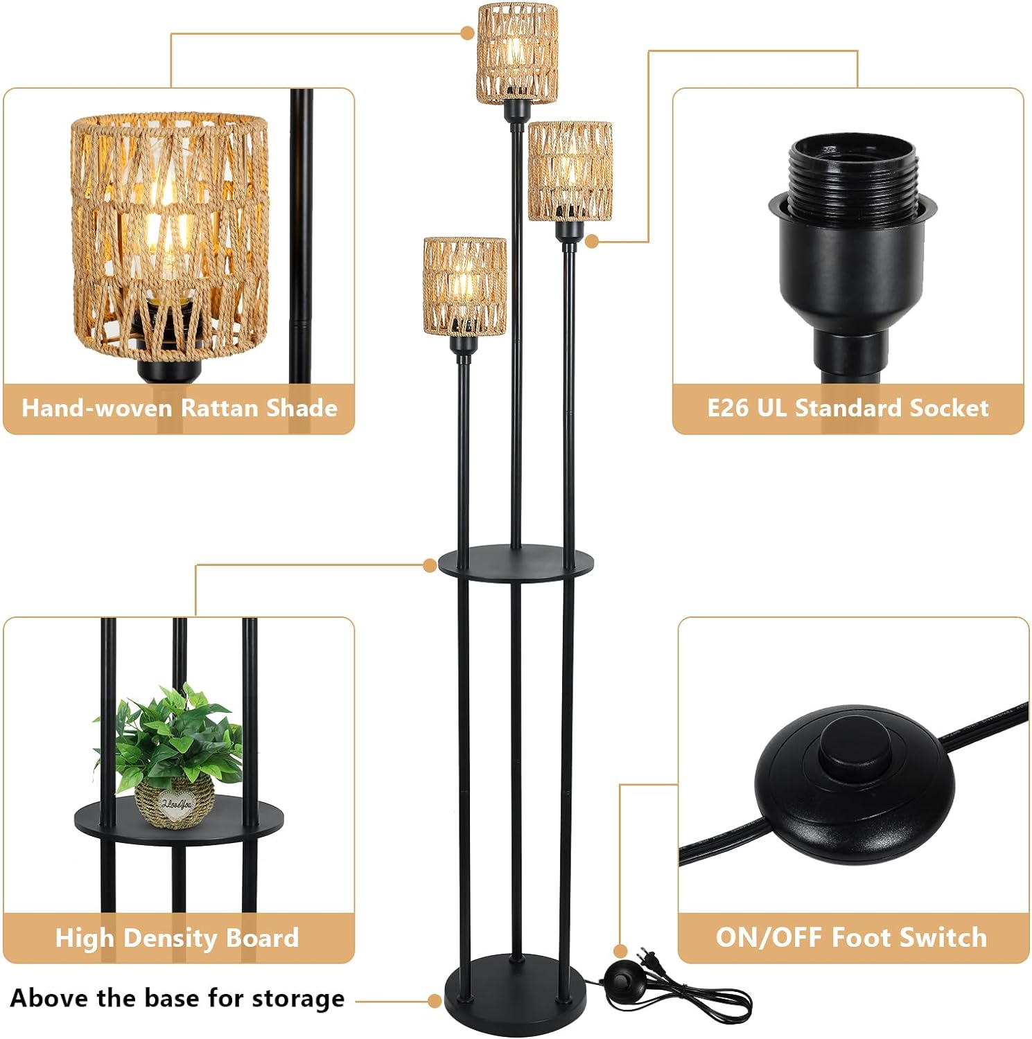 Boho Floor Lamp with Shelves 3-Lights Farmhouse Tall Floor Lamp with ON/OFF Foot Switch Rustic Standing Lamp with Rattan Shades - Korvel