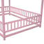Full Size Floor Wooden Bed with House Roof Frame, Fence Guardrails ,Pink - Korvel