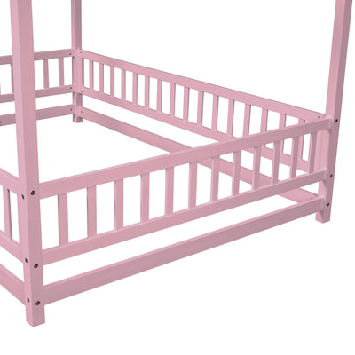Full Size Floor Wooden Bed with House Roof Frame, Fence Guardrails ,Pink - Korvel
