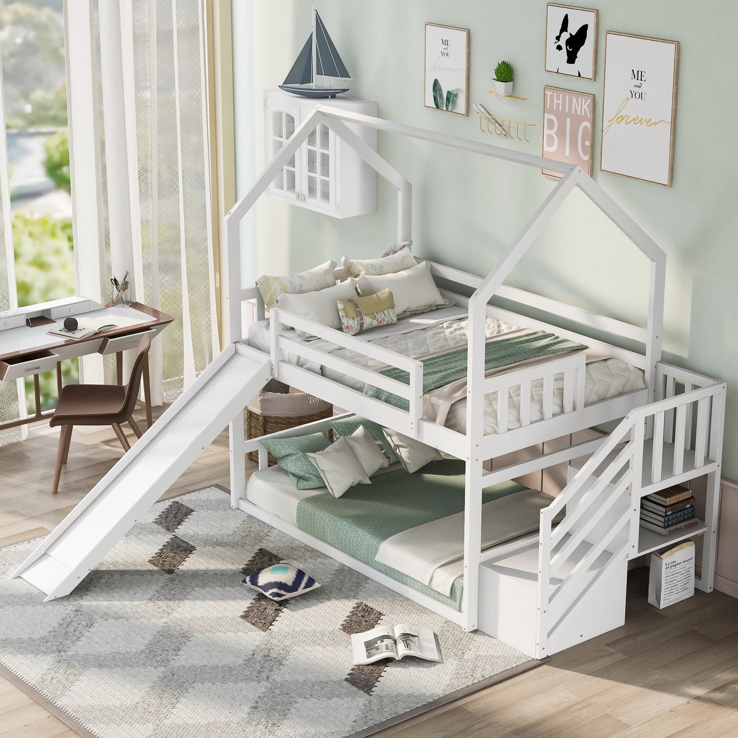 Twin over Twin House Bunk Bed with Convertible Slide,Storage Staircase,White - Korvel