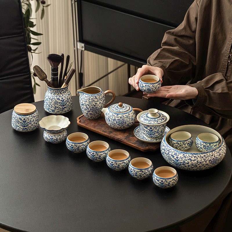 Kung Fu tea set blue and white lotus tea pot fair cup tea can ceramic lid bowl - Korvel