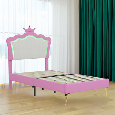Twin Size Upholstered Bed Frame with LED Lights - Pink & White